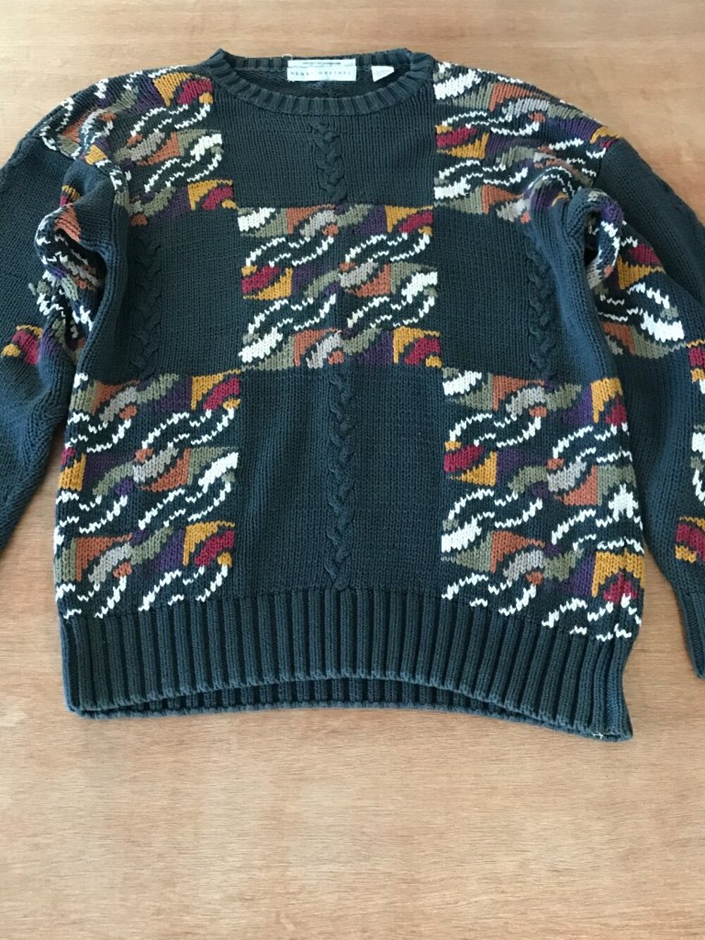 Vtg 90s Henry Grethel Sweater Men L Black Geometric Patchwork Coogi Style 19605